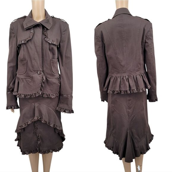 Italian Y2K Choclate Brown Ruffled Skirt and Blazer Set Steampunk Dark Academia - Picture 2 of 16